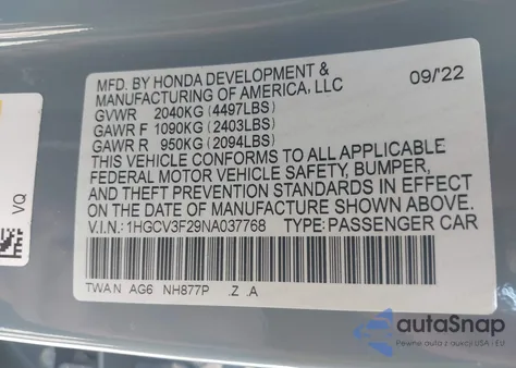 2022 Honda Accord Hybrid Sport из США, поврежденный, VIN 1HGCV3F29NA037768